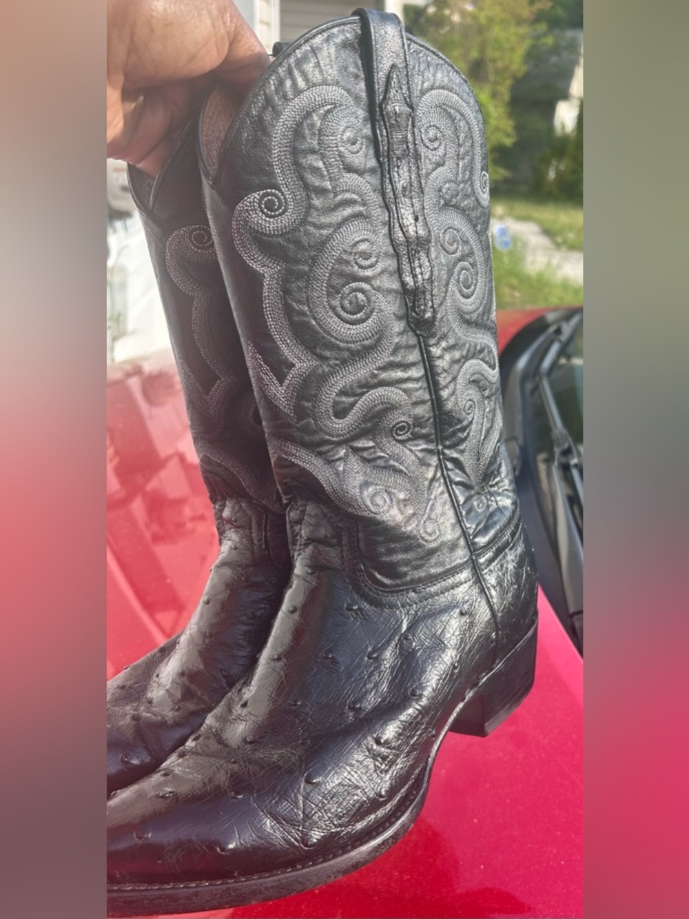 Black Western Ostrich Leather Men’s Cowboy Boots with Silver Embroidery